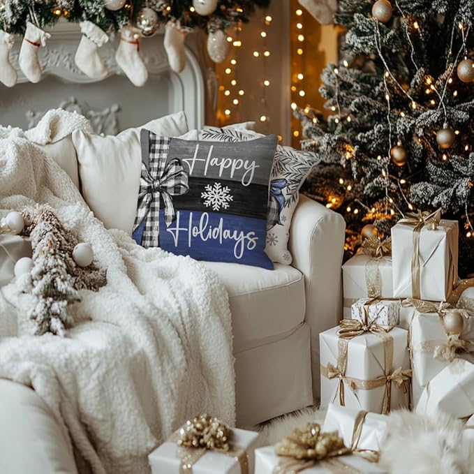 GEEORY Christmas Throw Pillow Covers 20 x 20 Inch Set of 4, Xmas Trees Merry and Bright Happy Holidays Farmhouse Decorative Cushion Cases for Home Decoration G435N-20