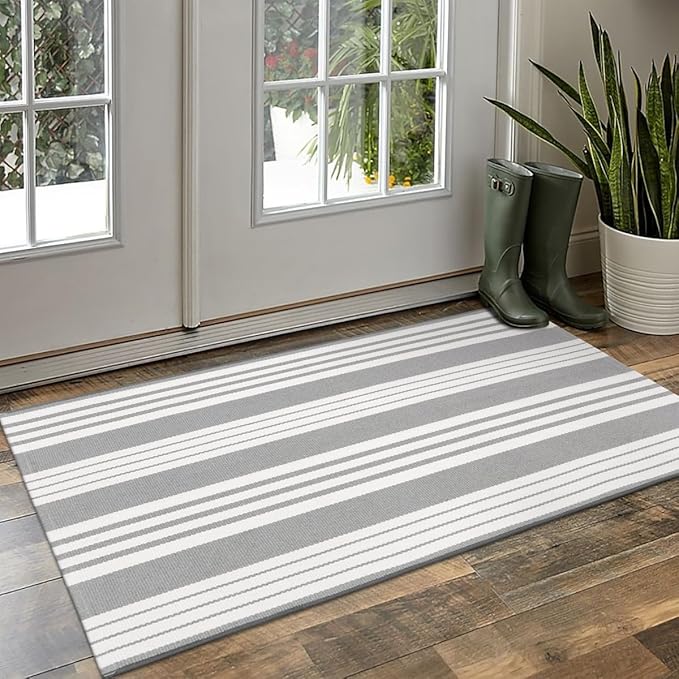 OJIA Fall Front Door Rug 24''x51'' Gray and White Striped Outdoor Rug Machine Washable Porch Rug Halloween Front Door Mat Outdoor Indoor Area Rugs Cotton Woven Entry Mat for Home Entrance/Farmhouse