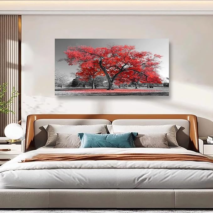 Red Tree of Life Wall Art for Living room Office Bedroom Black and White Scenery Canvas Wall Art Print Oil Paintings Modern Forest Landscape Pictures Wall Decor Artwork Ready to Hang - 20in * 40inch