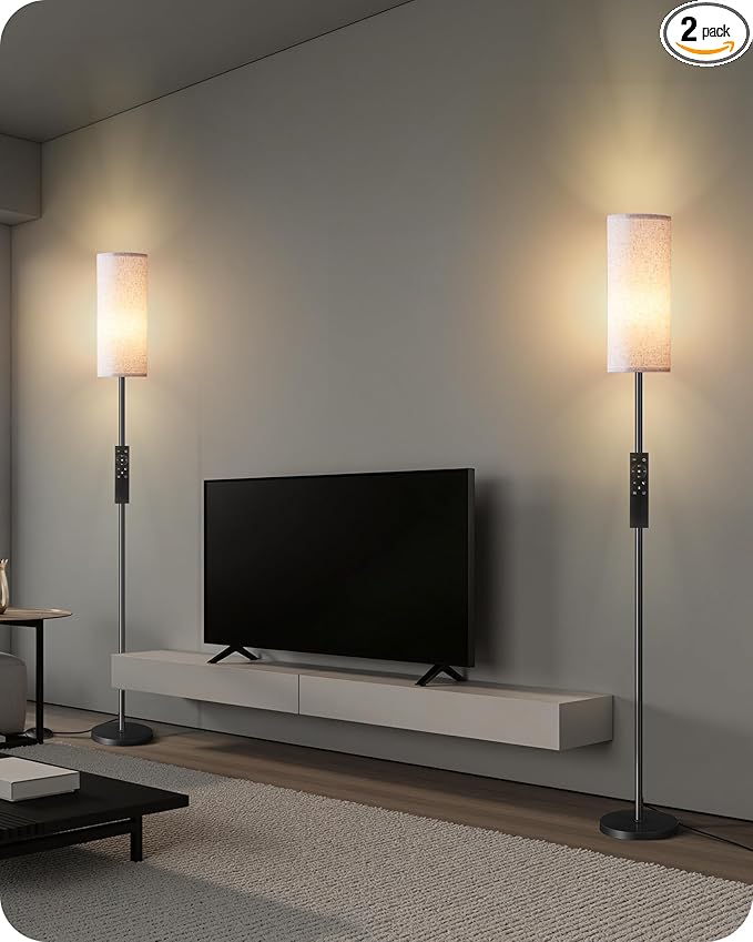 2 Pack Dimmable Floor Lamps for Living Room with 2 Remotes and Foot Switch, Corner Floor Lamp, Standing Tall Lamp, 10W 900LM LED Bulb Included, 3000K-6500K, Linen Shade, FCC Listed W06LDP205W1