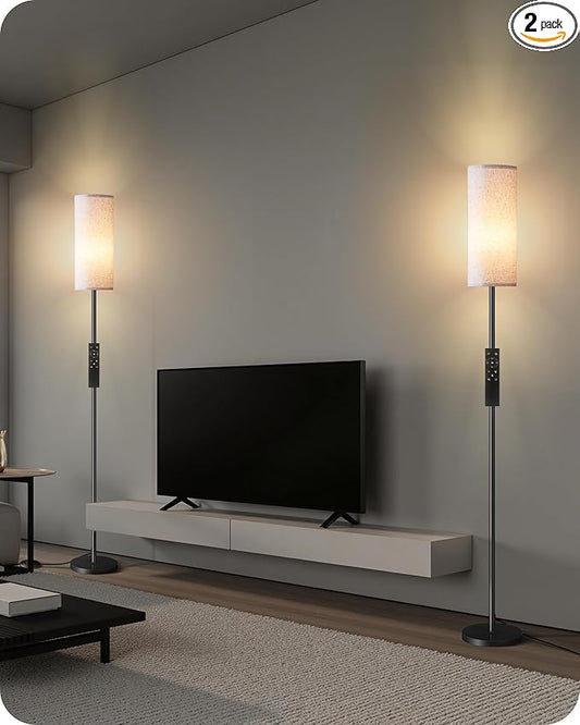 2 Pack Dimmable Floor Lamps for Living Room with 2 Remotes and Foot Switch, Corner Floor Lamp, Standing Tall Lamp, 10W 900LM LED Bulb Included, 3000K-6500K, Linen Shade, FCC Listed W06LDP205W1