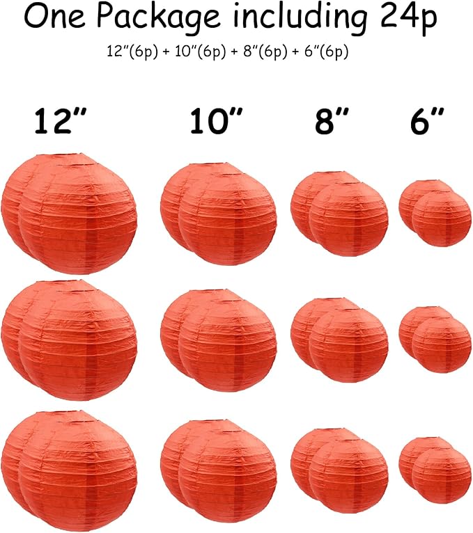 Handmade Decorative Chinese Japanese Hanging Paper Lanterns 24pcs Assorted Sizes 6", 8", 10", 12" Mixture Colors Decoration for Home, Weddings and Parties Lanterns (All Red)