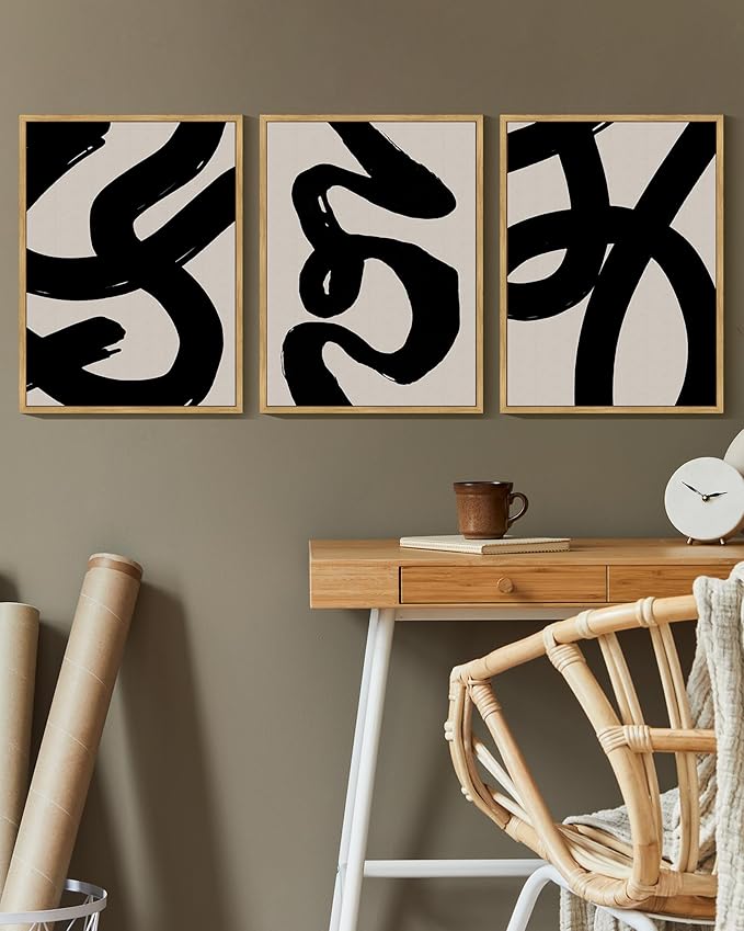 KUVIOKE Black Abstract Framed Wall Art Ink Wash Minimalist Lines Painting Artwork for Bedroom Living Room Hallway Decor Ready to Hang 11x14in (Natural Framed)