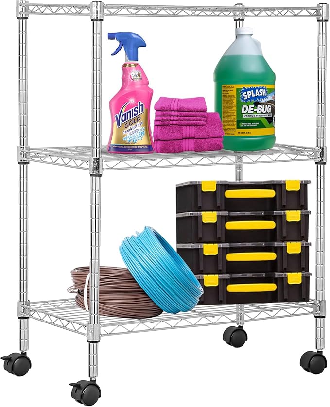 PayLessHere | 3-Tier Wire Shelf with Wheels | 23"x13"x31" | Chrome | Adjustable Racks | Heavy-Duty Storage Shelves, Holds Upto 170 lbs | Rust-Resistant, No-Tool Assembly | for Home, Garage Shelving