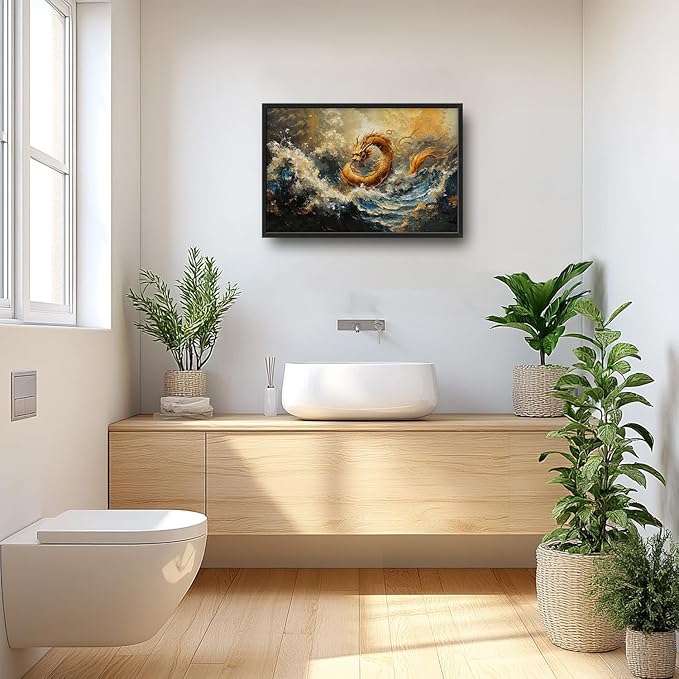 Flintis Large Golden Dragon Framed Wall Art Japanese Waves Pictures Wall Decor Abstract Asian Wild Animal Canvas Painting Print Artworks Framed for Living Room Bathroom Master Bedroom 36L X 24W