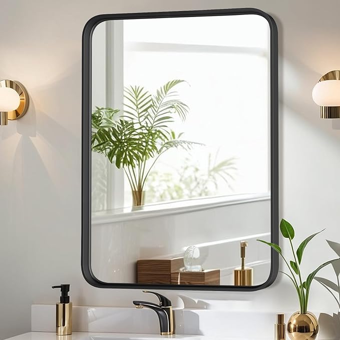 Bathroom Mirror 36x24 Inch Black Metal Framed Rounded Rectangle Vanity Mirror for Wall, Over Sink, Farmhouse, Restroom, Anti-Rust, Modern Decorative, Horizontal or Vertical Hanging