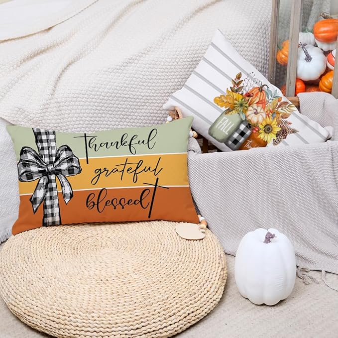 AACORS Fall Pillow Covers 12 x 20 Inch Set of 4, Pumpkin Home Sweet Home Thankful Grateful Blessed Harvest Floral Decorations Autumn Seasonal Pillow Case Decor for Sofa Couch AA556-12