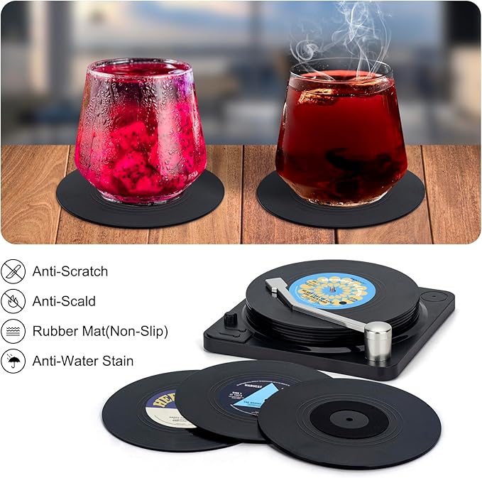 Valdivia Retro Vinyl Record Coasters with Player, 6PCS Music Coasters for Drinks, Home and Coffee Table Decor, Housewarming Gifts New Home Apartment Gifts for Music Lovers, Birthday Gifts for Men