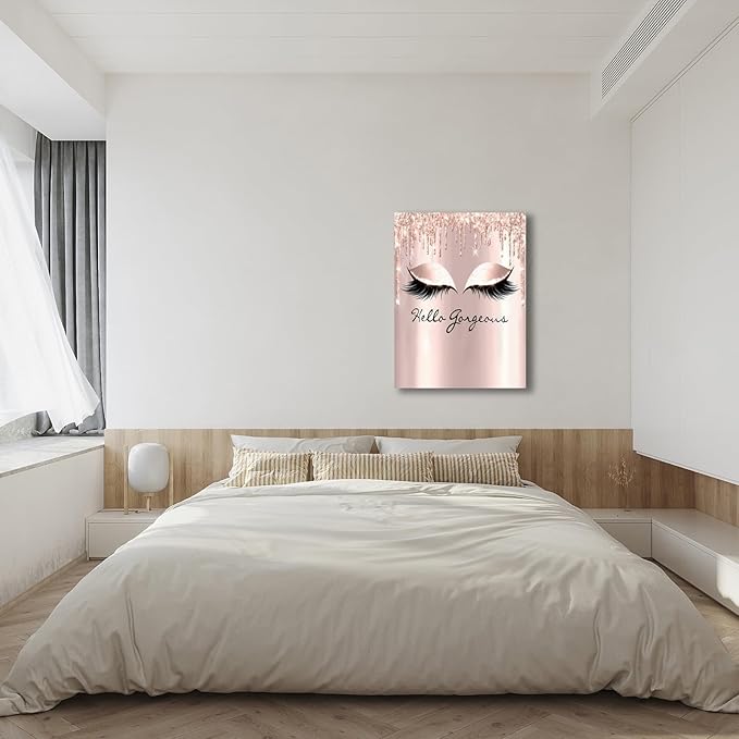 Feminine Eyelash Canvas Wall Art 12x16 Inch - Hello Gorgeous Framed Decor for Bathroom, Bedroom, Home Office - Rose Gold Girly Aesthetic Ready to Hang