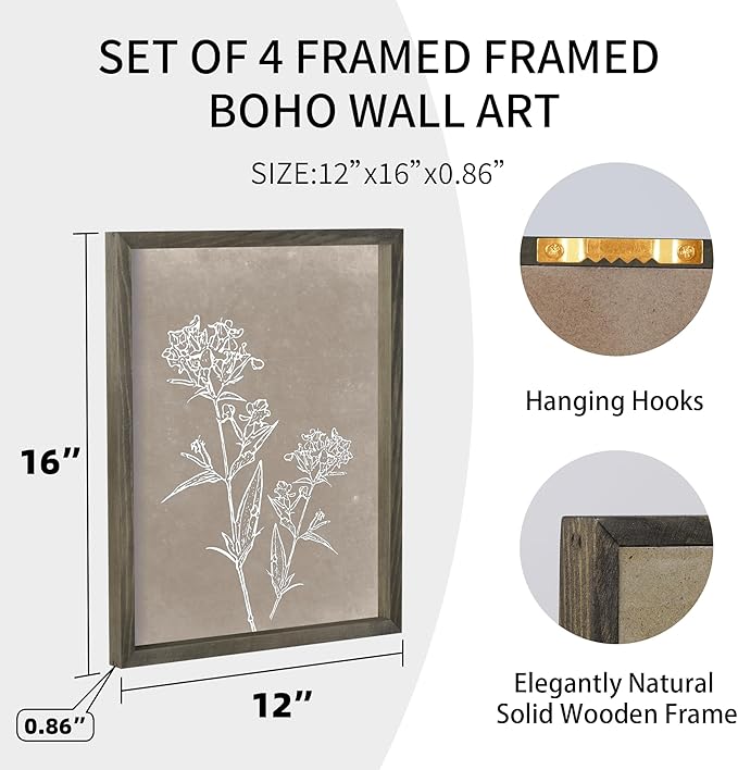 Heiple Framed Wall Art Set of 4 for Boho Home decor Botanical Print Wall Art for Rustic Vintage Farmhouse Wall Decor for Living Room (Grey, 12‘’x16‘’)