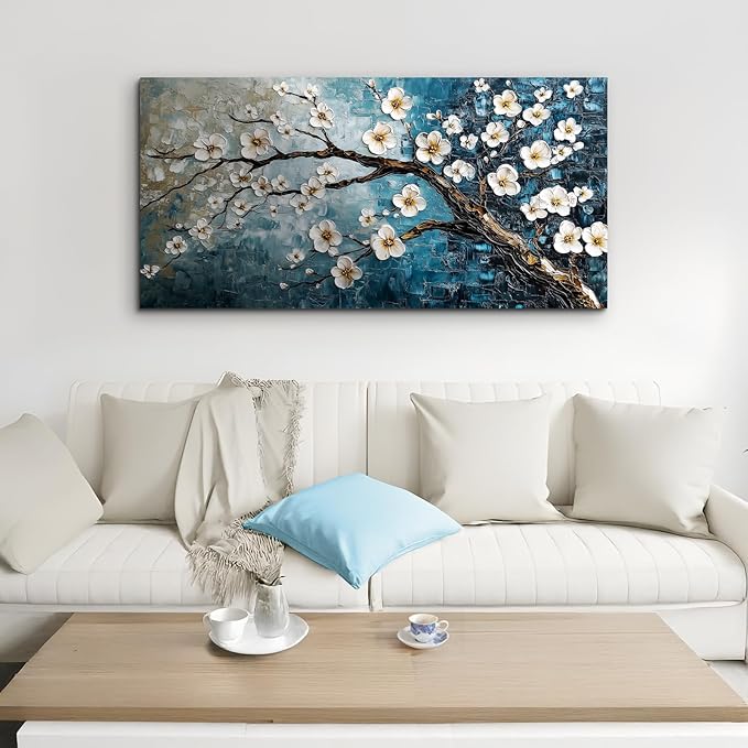 crmotu Plum Blossom Wall Art, Japanese Flower Canvas Large Artwork, Teal Blue Tree Trunk Oil Paintings Prints, Modern Aesthetic Pictures Wall Decor Living Room Bedroom Home Office 24X48 Inches