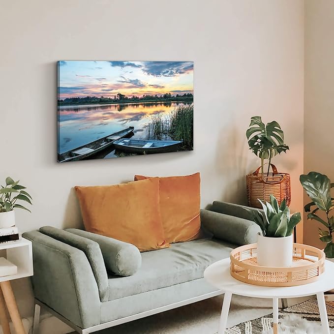 Lake Landscape Canvas Wall Art: Modern Colorful Sunset Scene Prints Nature Green Reed Boat Painting Wilderness Forest Shore Gallery Artwork Sunrise Skyline Scenery Picture for Bedroom Bathroom