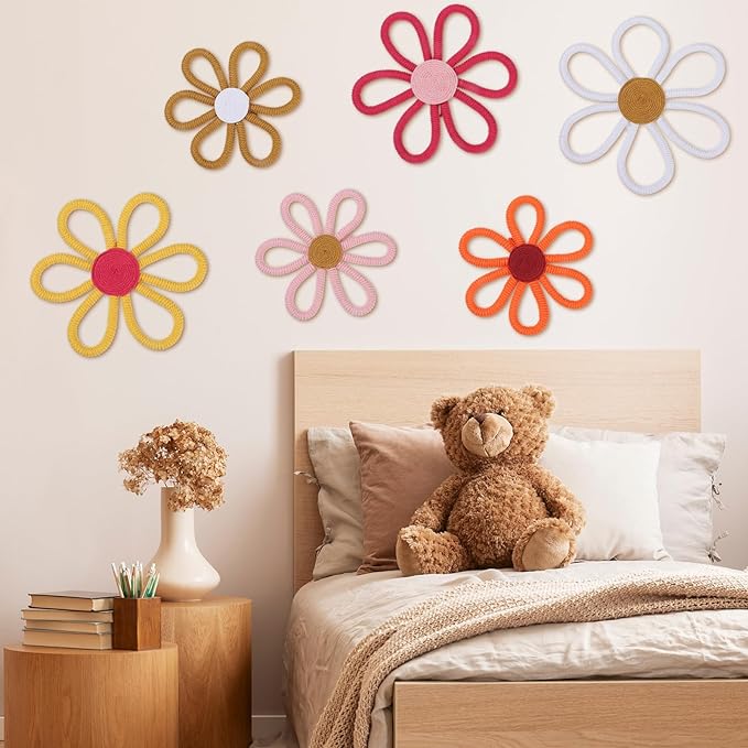 Barydat 6 Pcs Boho Nursery Decor Daisy Flower Woven Macrame Wall Hanging 3 Size Daisy Flower Wall Decor Bohemian Nursery Decorations for Home Dorm Art(Fresh Color)