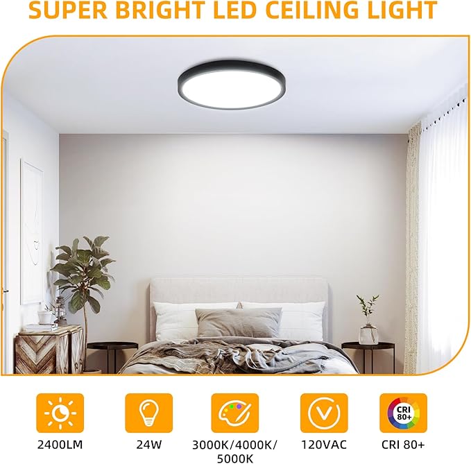 Hlite 4pack 12 inch Flush Mount LED Ceiling Light Fixture,24W 2400LM Super Slim Light Fixtures Ceiling Mount 3000K/4000K/5000K 3CCT Selectable,Ceiling Light Fixtures for Kitchen,Bedroom (Black)