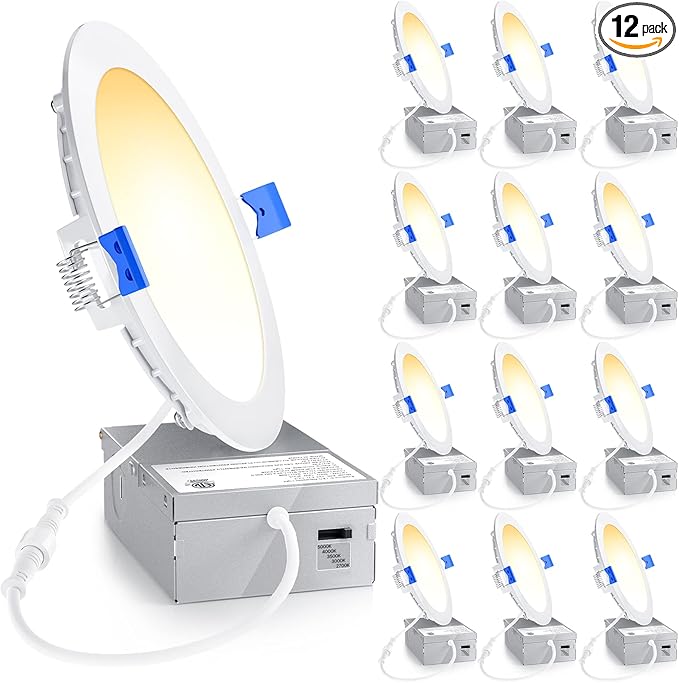 Ensenior 12 Pack 6 Inch LED Recessed Light, Dimmable, 2700K-5000K 5CCT, 1200LM High Brightness, 12W 120V, Damp Rated, Ultra-Thin Canless Wafer Ceiling Light - ETL & FCC & IC