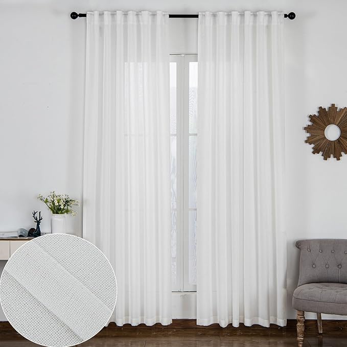 Off White Thick Linen Semi Sheer Curtains 108 Inches Long, 50 Inches Width, Elegant Light Filtering Drapes Set of 2, Floor to Ceiling Window Curtain with Hooks for Track System