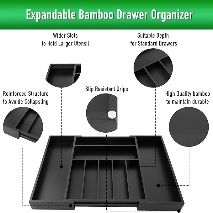 Expandable Utensil Organizer Silverware Organizer for Kitchen Adjustable Utensils Holder Bamboo Large Flatware Silverware Cutlery in Drawer (9 slot, Black