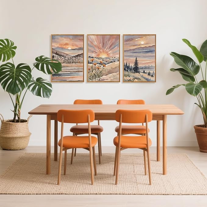 CHDITB Boho Sun Canvas Wall Art Set, Sunrise and Sunset Mountain Wall Decor, Watercolor Mountains Landscape Art Prints, Vintage Floral Nature Paintings for Living Room, Bedroom, Office - 16"x24"x3