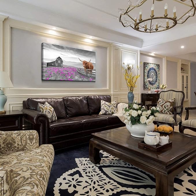 Highland Cow Pictures Canvas Wall Art for Living Room Home Wall Decor Black and White Background Animal Cow Purple Flowers Country Scenery Prints Painting for Bedroom Office Decoration 20x40 inches