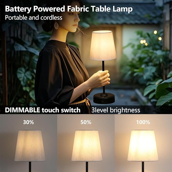 Cordless Rechargeable LED Table Lamp with Dimmer,Black Portables Desk Lamp,Small Bedside Lamp,Battery Operated Lamp for Patio Balcony Corner Camping Bar RV