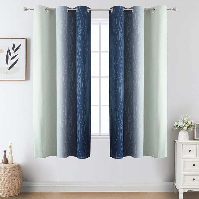 Estelar Textiler Navy Blue and Sage Green Ombre Blackout Curtains 63 Inches Long 2 Panels, Full Room Darkening Grommet Curtains for Bedroom, Thermal Insulated Light Blocking Gradient Drapes, 42Wx63L