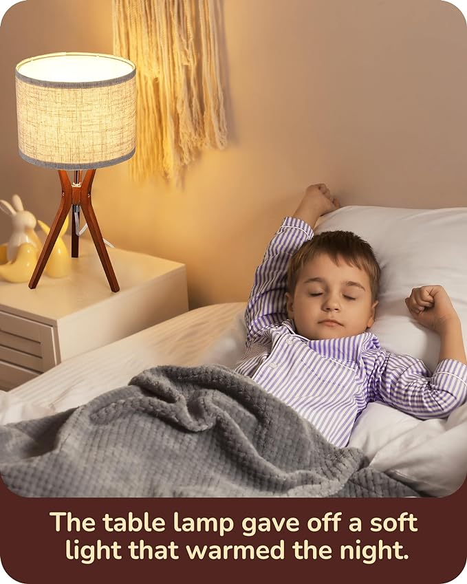 EDISHINE Mid Century Table Lamp, 17.5" Tripod Bedside Lamp with Deep Wood Color Light Base & Beige Linen Lampshade, Nightstand Lamp for Bedroom, Living Room, Reading Room, E26 Base