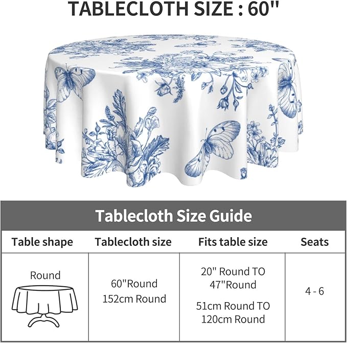 Spring Floral Tablecloth Round 60 Inch Ruitic Butterfly Table Cloth Waterproof Fabric Farmhouse Blue White Flower Tablecloths Decorative for Holiday Home Party Wedding Picnic
