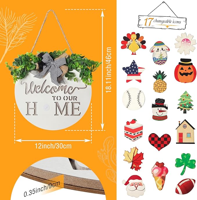 MIPON Welcome Sign for Front Door, Wall, or Porch Decor - Interchangeable Seasonal 17 Changeable Icons for All Seasons & Holidays (Spring, Summer, Fall, Winter, Easter, Christmas) - White
