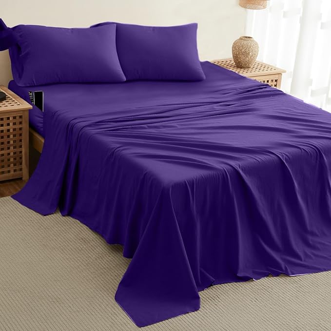 DREAMCARE Twin XL Sheet Set - Cooling Bed Sheets - 4pc Set - up to 15" Deep Pocket - Soft & Long Lasting 100% Fine Brushed Polyester with Side Pocket - Purple