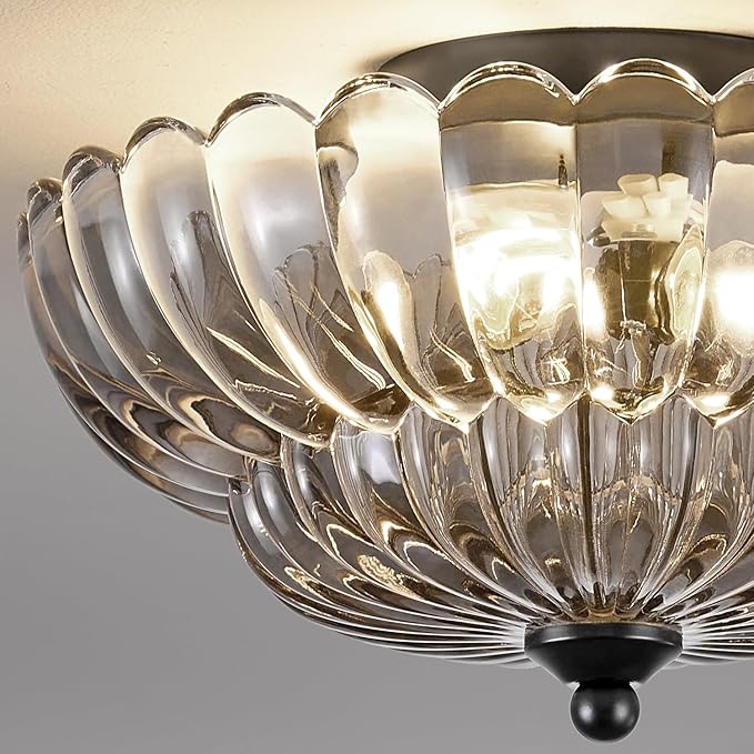 Modern Black Ceiling Light Fixture, 12" Grey Glass Flush Mount Chandeliers, Semi Flush Mount Ceiling Light Fixture Suitable for Living Room Hallway Kitchen Bedroom