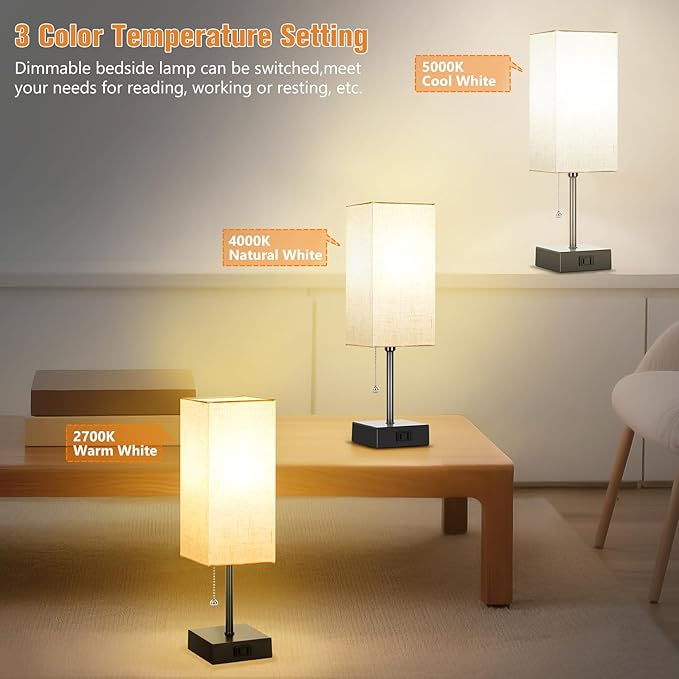 Table Lamp for Bedroom Set of 2, Bedside Lamps with 3 Color Temperatures Night Light, Lamp for Night Stands with AC Outlet and Square Shade, Pull Chain Small Desk Lamp for Living Room Home Decor