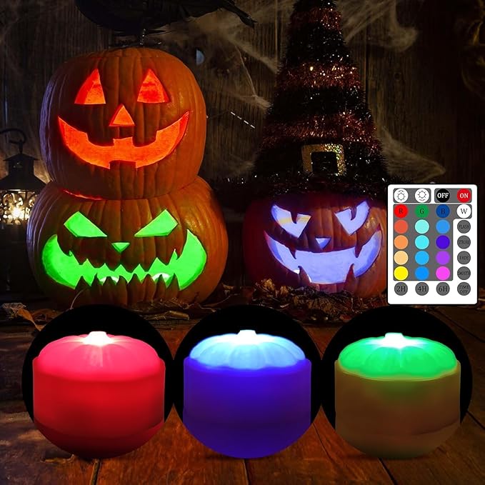 Halloween Pumpkin Lights with Timer Remote, Battery Operated RGB Pumpkin Lights Flickering Flameless LED Candles Halloween Decor Jack-O-Lantern Decorations