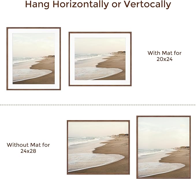 24x28 Picture Frame, Solid Oak Wood Frame 24 by 28, Rustic Wood Poster Frame 24"x28", 24x28 Frame with Mat for 20x24, 24 x 28 Frame with Tempered Real Glass (Walnut Color, 1 Pack)