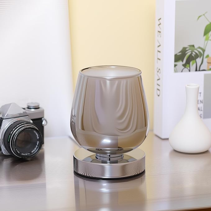 Small Touch Bedside Table Lamp, Modern Small Lamps for Bedroom Living Room Nightstand, Desk lamp with Smoky Grey Glass Lampshade, 4 x 4 x 5 inch Accent Night Light for Dining Room and Office