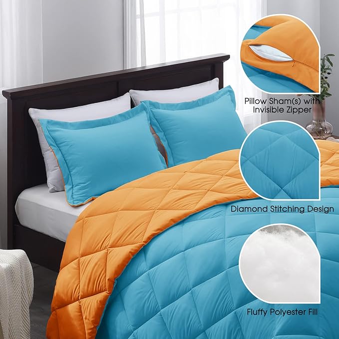 Basic Beyond King Size Comforter Set - Peacock Blue and Orange, Reversible for All Seasons - 1 Comforter (104"x92") and 2 Pillow Shams (20"x36"+2")