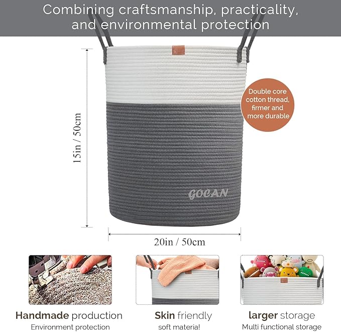 large tall sturdier Laundry Hamper Basket Woven Storage Baskets for clothes Pillows Blanket Toy in living or bed room decoration H50XD38cm grey/beige