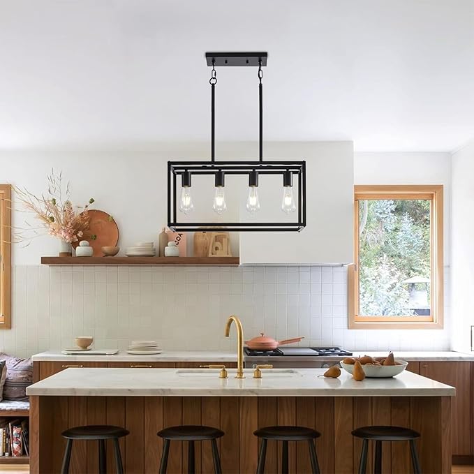 Dining Room Light Fixture 4 Light Black Farmhouse Chandelier Modern Kitchen Island Pendant Lighting Rectangular Hanging Lights for Kitchen Dining Room Adjustable Height Metal E26 Base