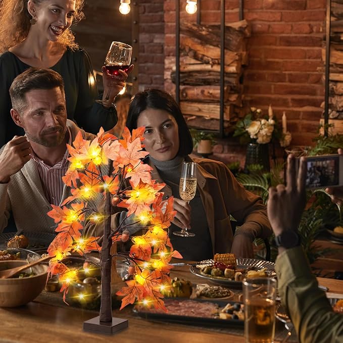 Fall Tree with Lights Thanksgiving Decorations: 2 Pack 2 FT Artificial Trees with 96 Maple Leaves 48 LED Light and Pumpkin Acorns Pinecone Battery Operated Outdoor Indoor Home Table Room Autumn Decor