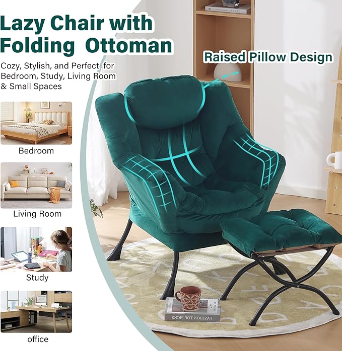 Oversized Chair with Ottoman, Modern Chair with Folding Footrest, Lounge Accent Chair, Comfortable Reading Chair for Bedroom, Study, Living Room, Courtyard (Velvet Dark Green