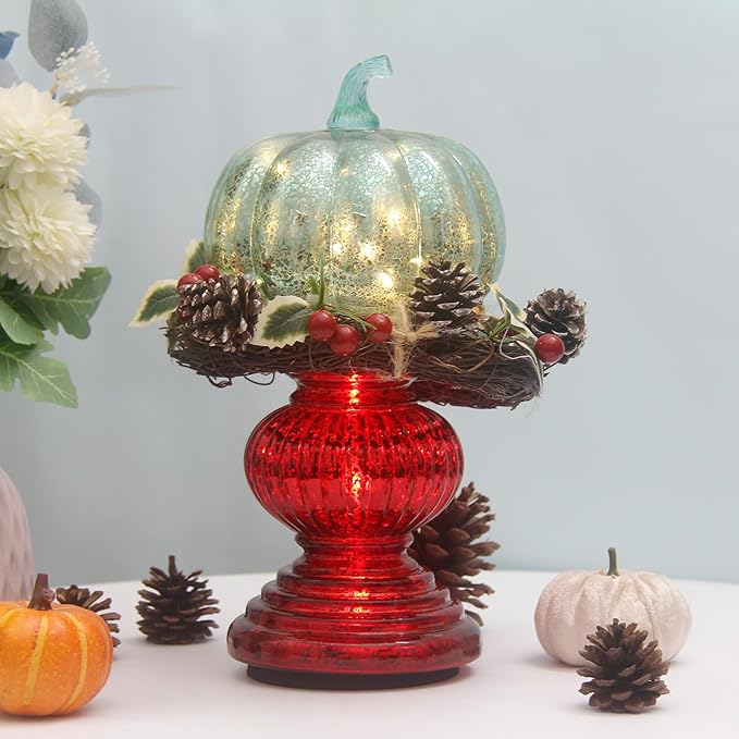 Mercury Glass Pillar Candle Pedestal Holders with Lights Set of 2,Candle Holder for Pillar Candle,Candlestick Holders,Perfect Decoration for Wedding Home Dining Table Xmas(Red)