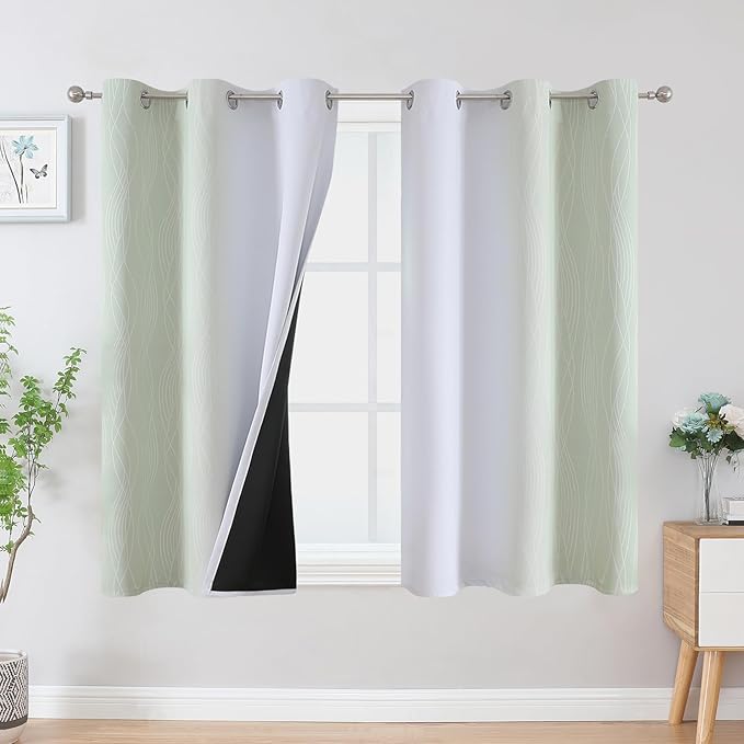 Estelar Textiler Sage Green and Greyish White Ombre Blackout Curtains 45 Inch Length 2 Panels, Full Room Darkening Drapes for Kitchen, Thermal Insulated Grommet Short Curtains for Bathroom,42Wx45L