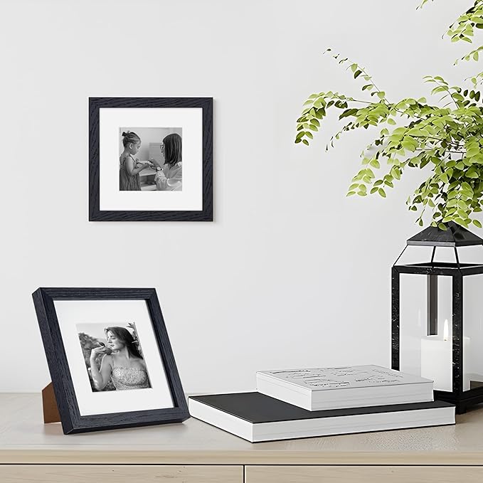 6x6 Picture Frames, Solid White Oak Wood Frame 6 x 6 with Stand for Wall & Tabletop Display, Rustic Wooden Photo Frame 6 by 6 with Real Glass, 6x6 Frame Matted to 4x4, Black Color, Set of 2