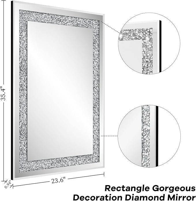 Crystal Decorative Mirror-36 x24 Gorgeous Silver Mirror, Crush Diamond Mirror for Wall Decoration Bedroom, Bathroom, Dining Room and Living Room