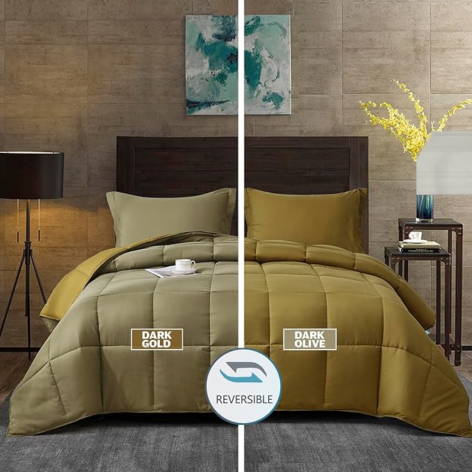 HIG 3pc Dark Olive Queen Size Comforter Set - All Season Reversible Down Alternative Comforter with Two Shams - Quilted Duvet Insert with Corner Tabs - Box Stitched Blanket - Breathable, Soft, Fluffy