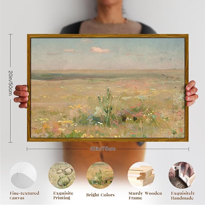 crmotu Vintage Framed Wall Art, Meadow Landscape Canvas Prints, Wildness Scenery Nature Wall Decor Pictures, Watercolor Aesthetic Wall Paintings for Living Room Bedroom Kitchen Artwork 20x30in