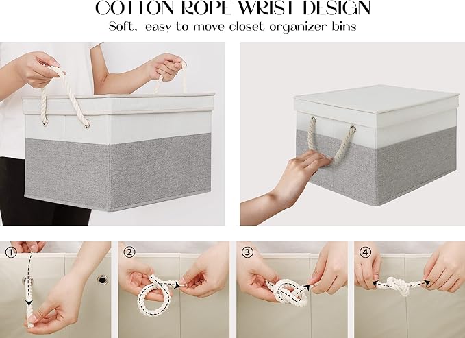 LoforHoney Home Fabric Storage Bins with Lids for Organizing, Foldable Closet Storage Boxes for Shelves, Clothes Baskets with Cotton Rope Handles, XLarge, Beige & Gray, 2-Pack