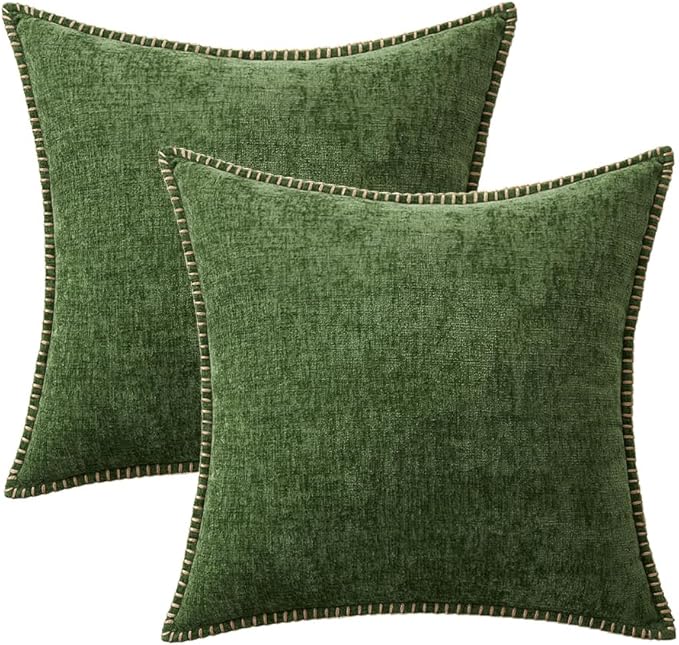 MIULEE Pack of 2 Christmas Couch Pillow Covers 18x18 Inch Moss Green Farmhouse Decorative Throw Pillow Covers with Stitched Edge Soft Chenille Solid Dyed Pillow Covers for Sofa Bed Living Room