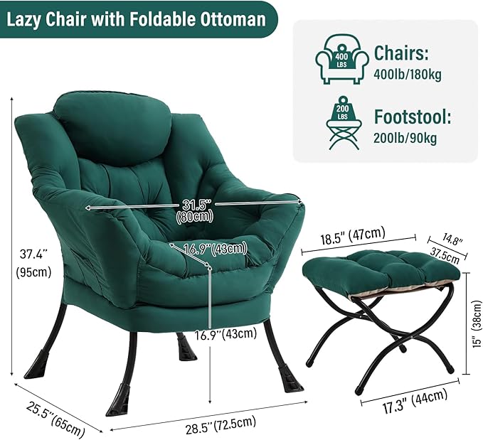 Modern Lazy Chair with Folding Footrest, Lounge Accent Reading Chair (Dark Green)