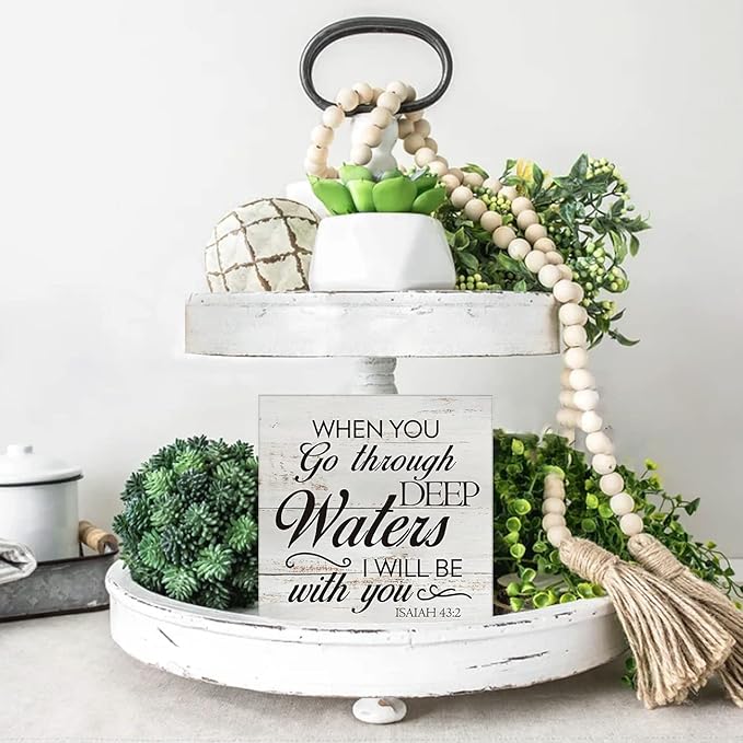 Inspirational Bible Verse When You Go Through Deep Waters Wooden Box Sign Desk Decor Rustic Scripture Wood Block Plaque Box Sign for Home Living Room Office Shelf Table Decoration (5 X 5 Inch)