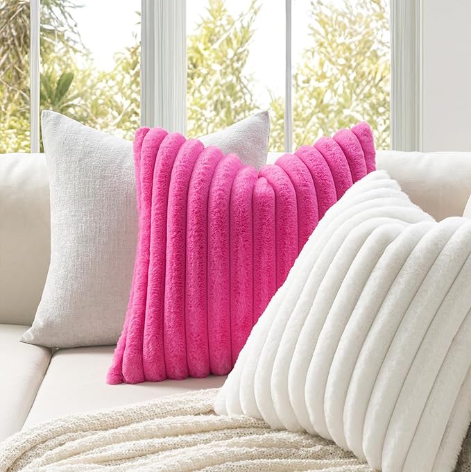 MIULEE Faux Fur Large Decorative Throw Pillow Covers 24x24 Inch Set of 2, Retro Vintage Boho Home Decor Soft Plush Couch Pillows Cozy Fluffy Cushion Covers for Sofa Bed Hot Pink